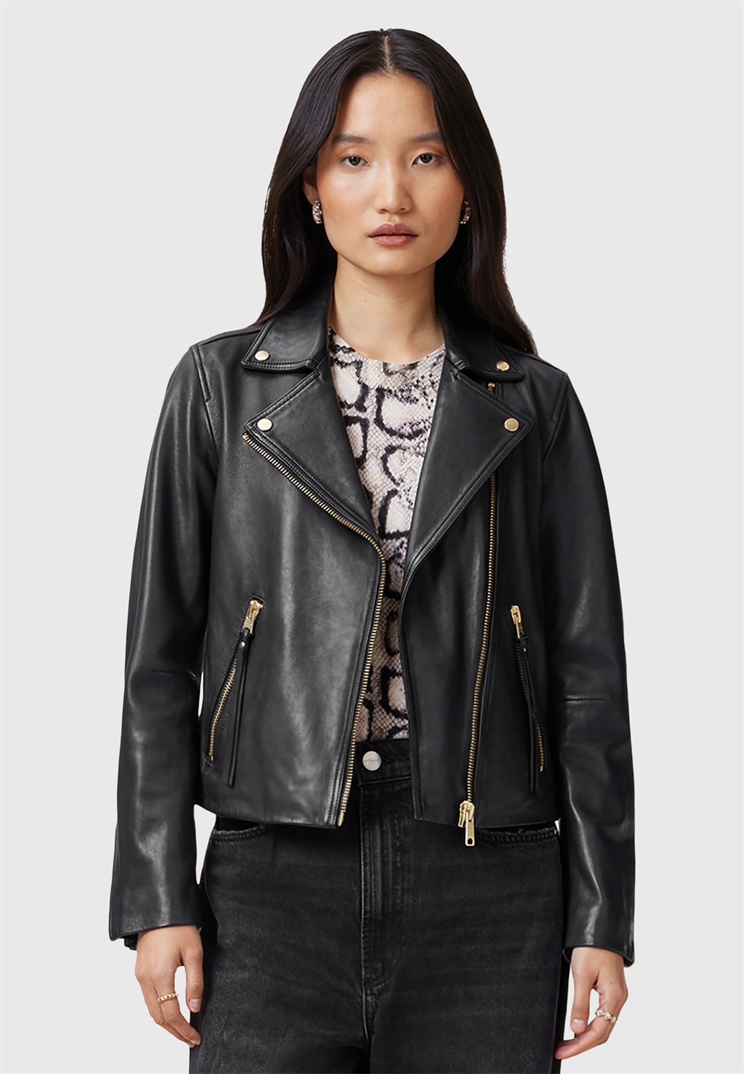 AllSaints DALBY BIKER - Lederjacke - black gold/schwarz