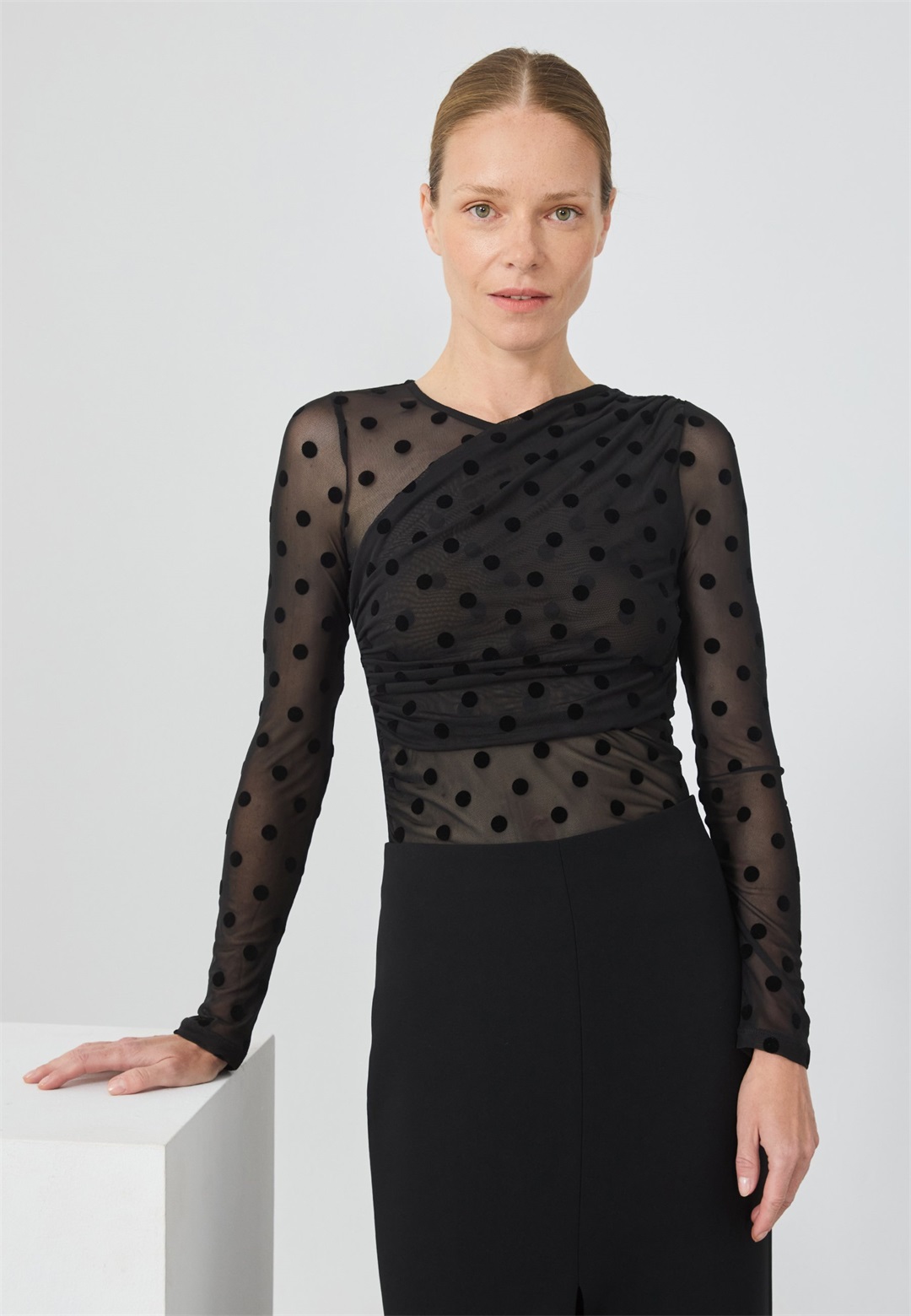 Anna Field MESH TOP WITH DOTS - Langarmshirt - black/schwarz