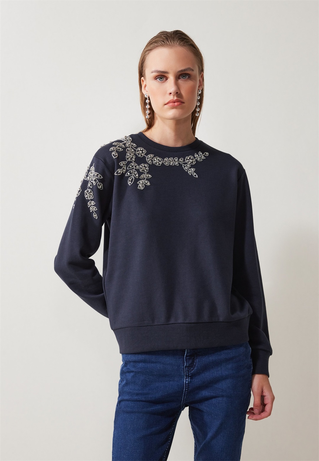 Anna Field RHINESTONE FLOWER SWEATER - Sweatshirt - dark blue/dunkelblau