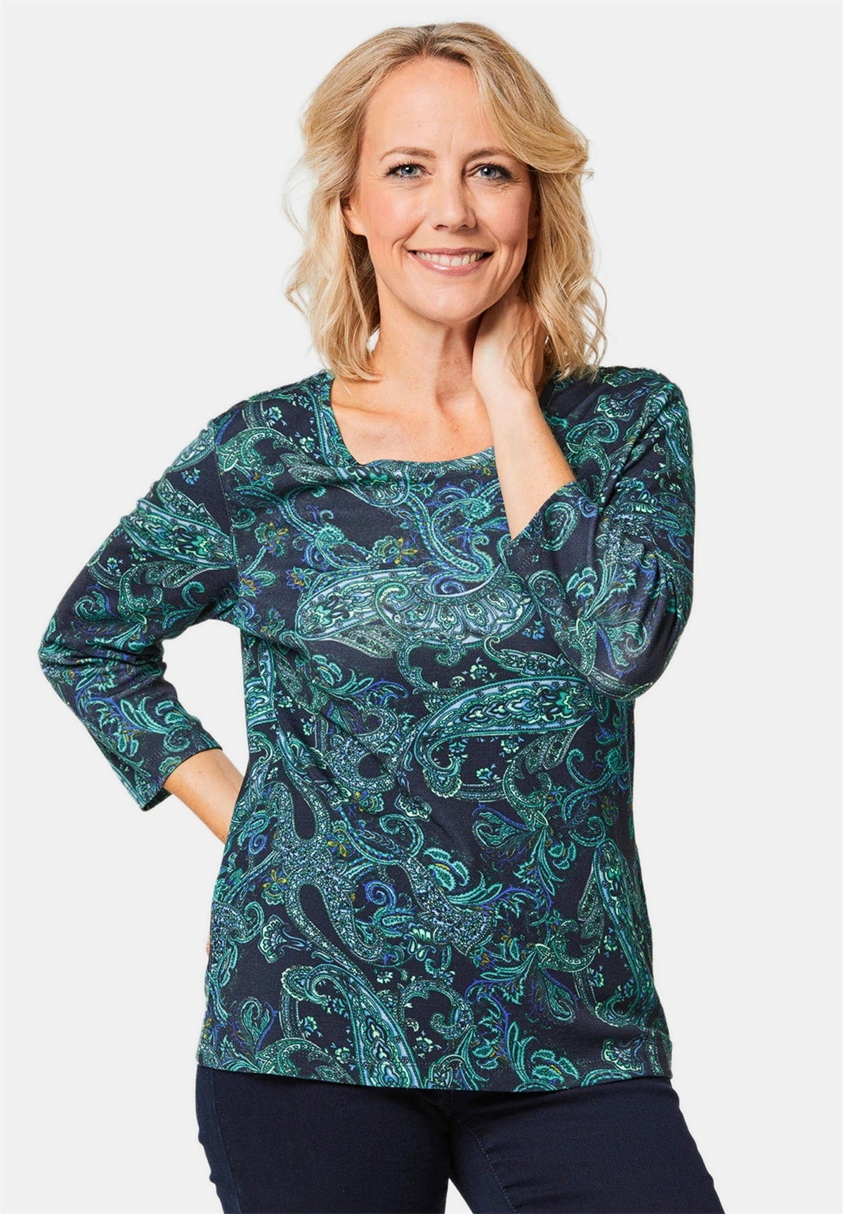 GOLDNER DRUCK PETITE IN KRAFTVOLLEN FARBEN - Langarmshirt - navy petrol patterned/dunkelgrün-meliert