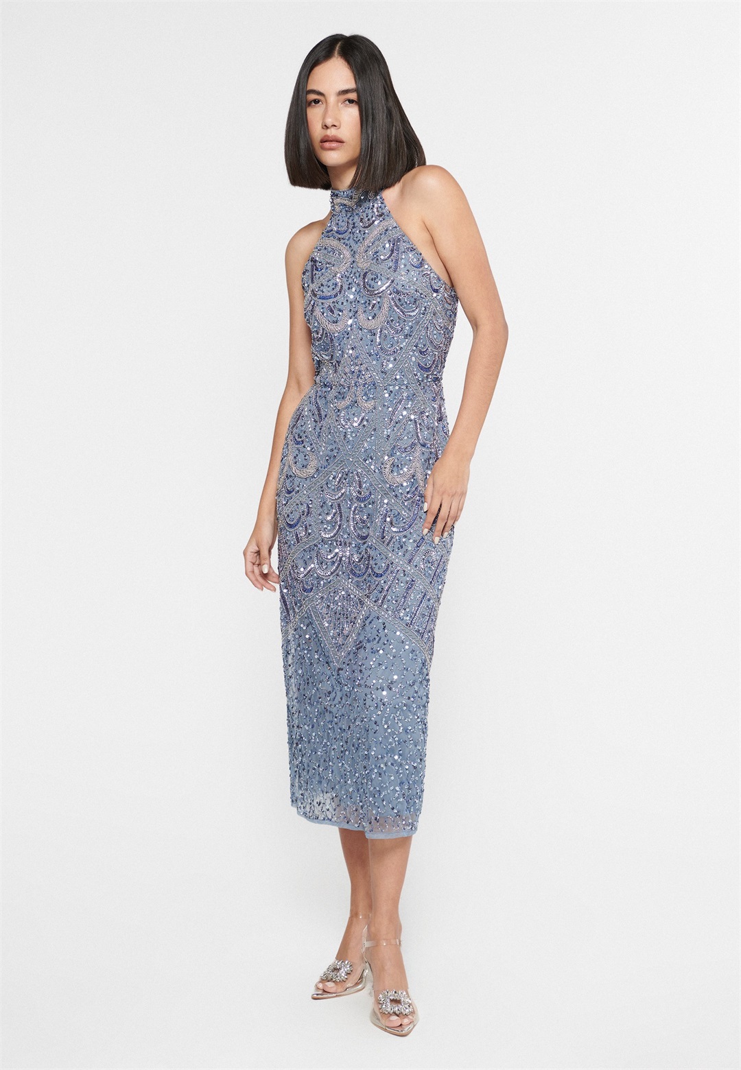 BEAUUT EMBELLISHED SEQUINS MIDI - Cocktailkleid/festliches Kleid - powder blue/blau