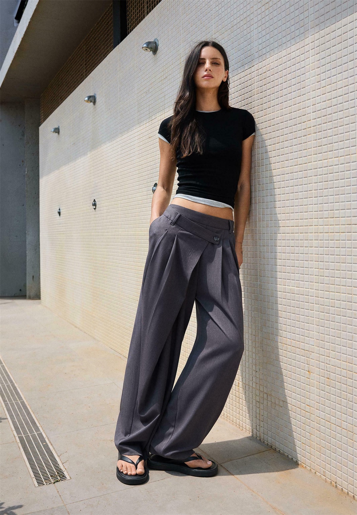 Bershka TAILORED - Stoffhose - mottled dark grey/dunkelgrau-meliert