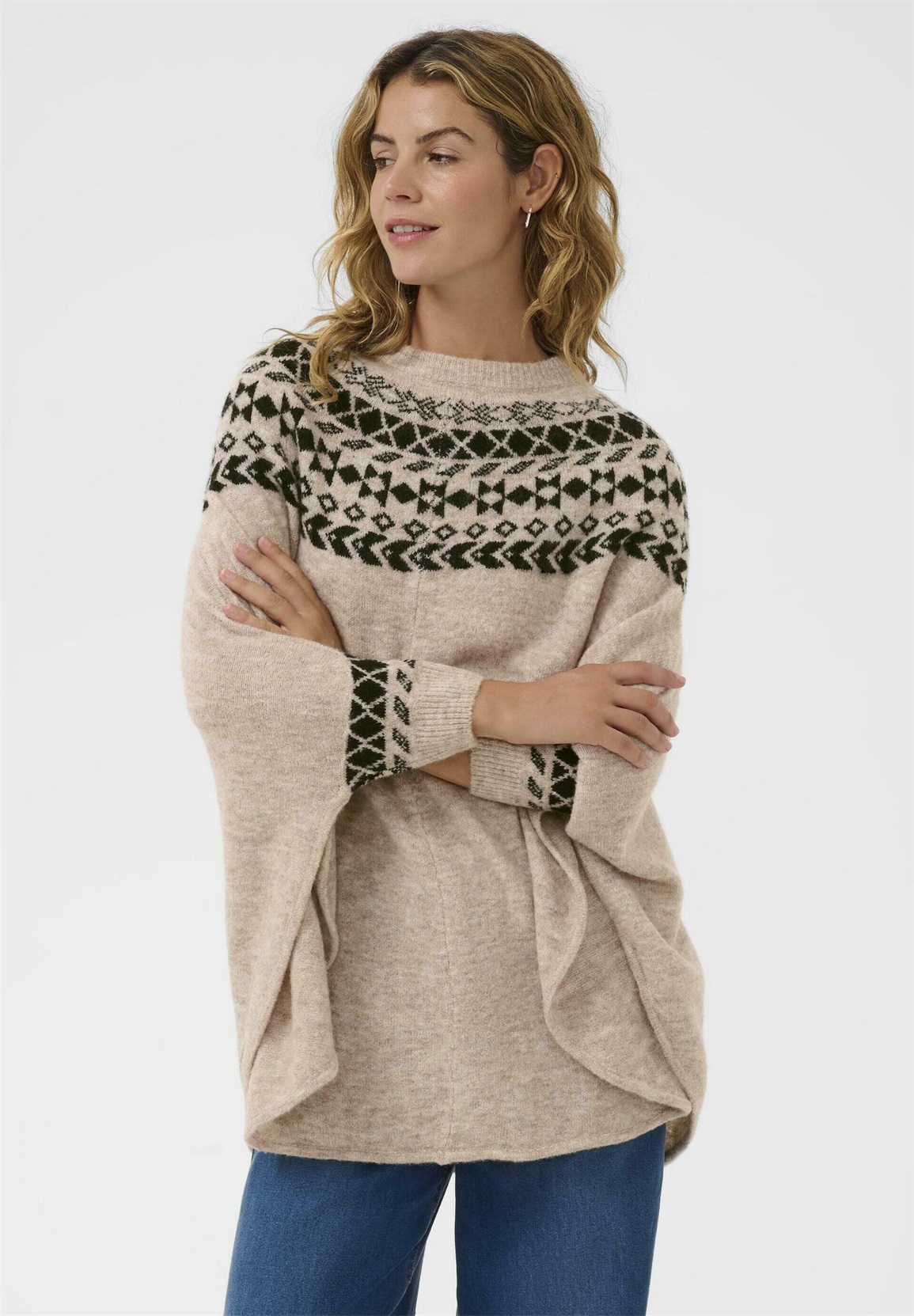 Cream CHERRIE PONCHO - Strickpullover - ancient scroll jaquard/beige
