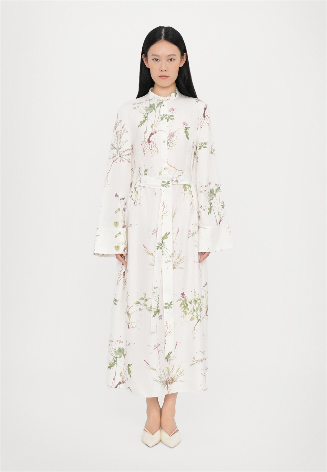 Erdem LONG SLEEVE MIDI DRESS WITH TIE WAIST DETAIL - Maxikleid - botanical garden white/weiß