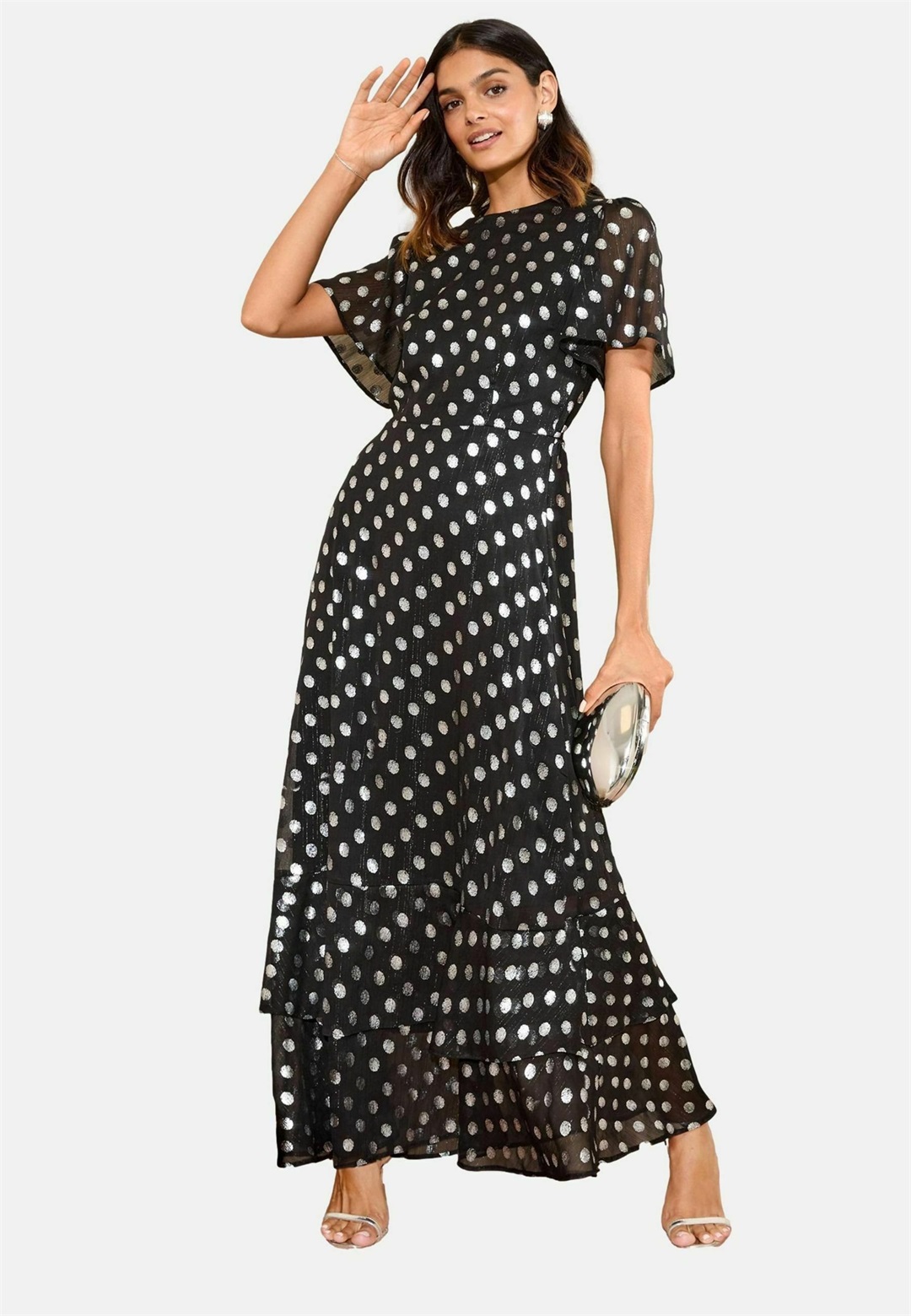 Friends Like These REGULAR FIT - FOIL SPOT SHORT SLEEVE TIERED - Maxikleid - black and silver/schwarz