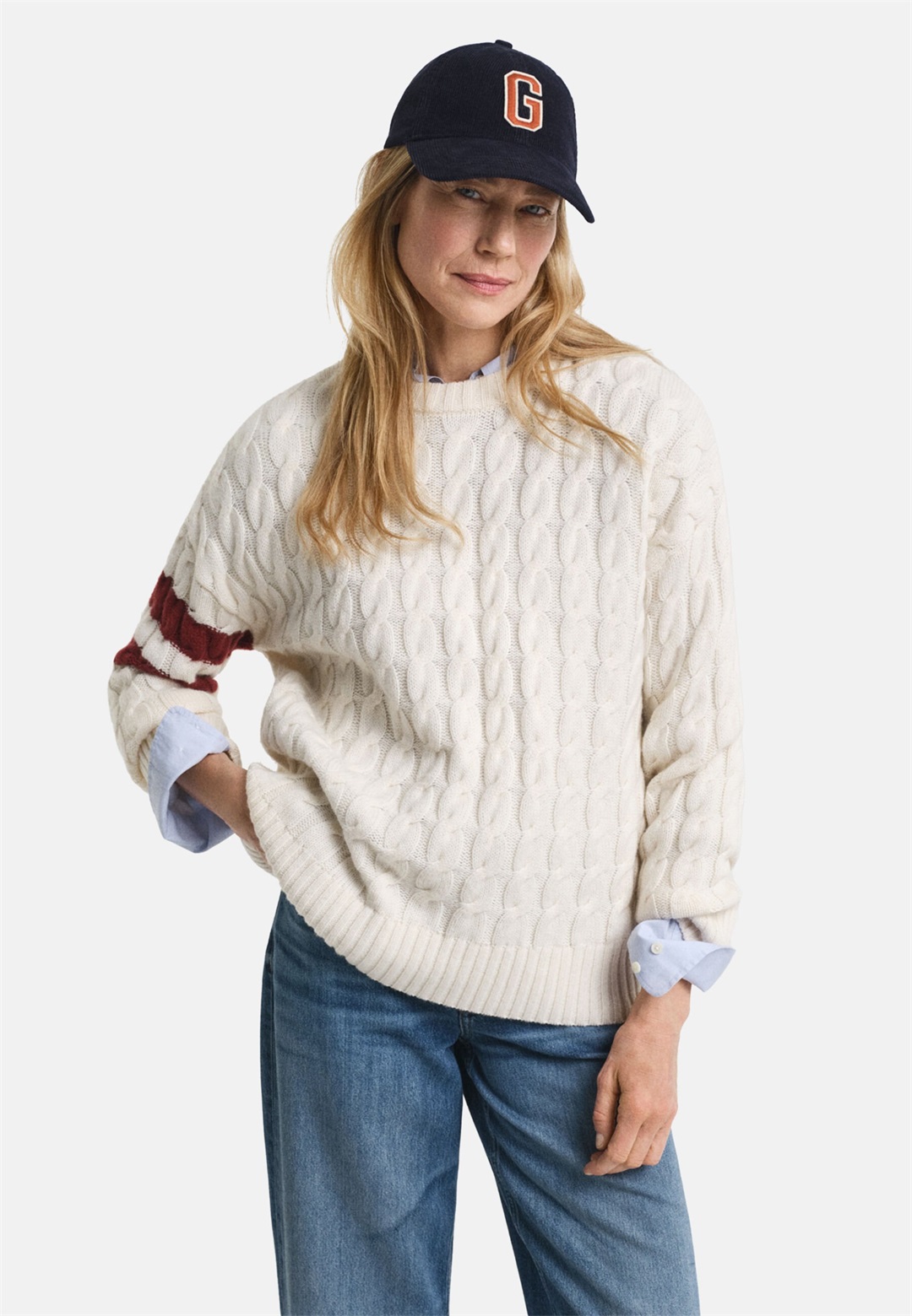 GANT CONTRAST STRIPED CABLE C-NECK - Strickpullover - cream/offwhite