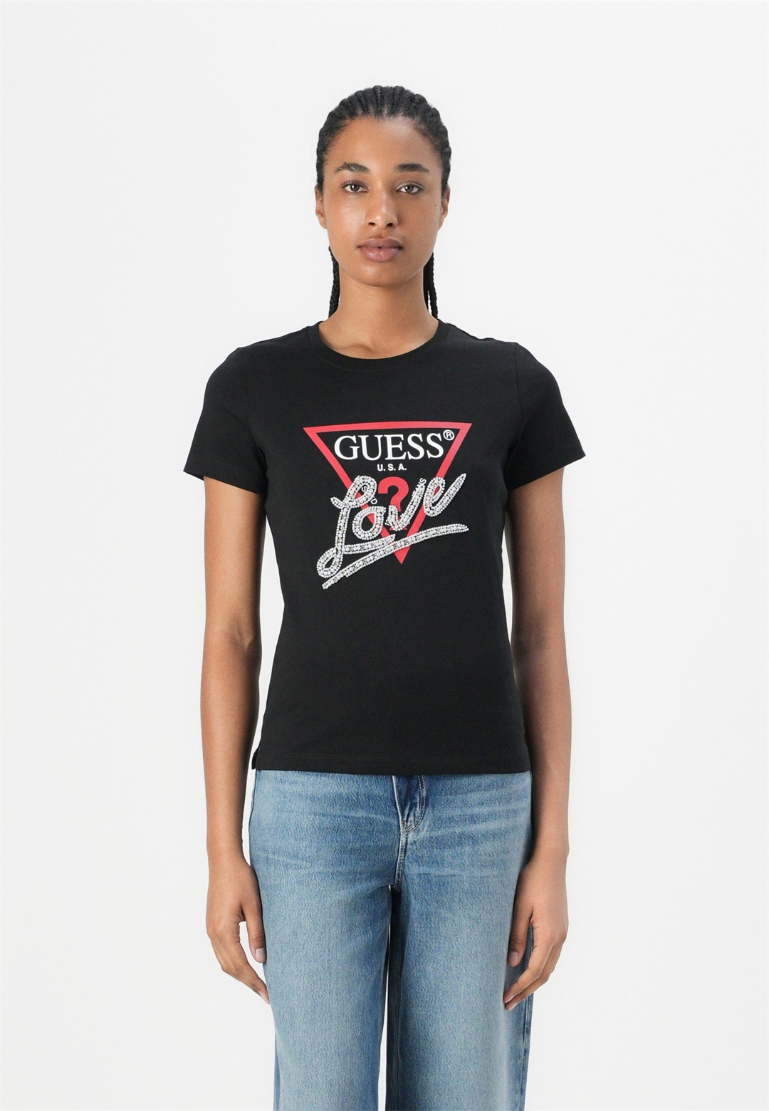 Guess PEARLS LOVE TRIANGLE TEE - T-Shirt print - jet black/schwarz