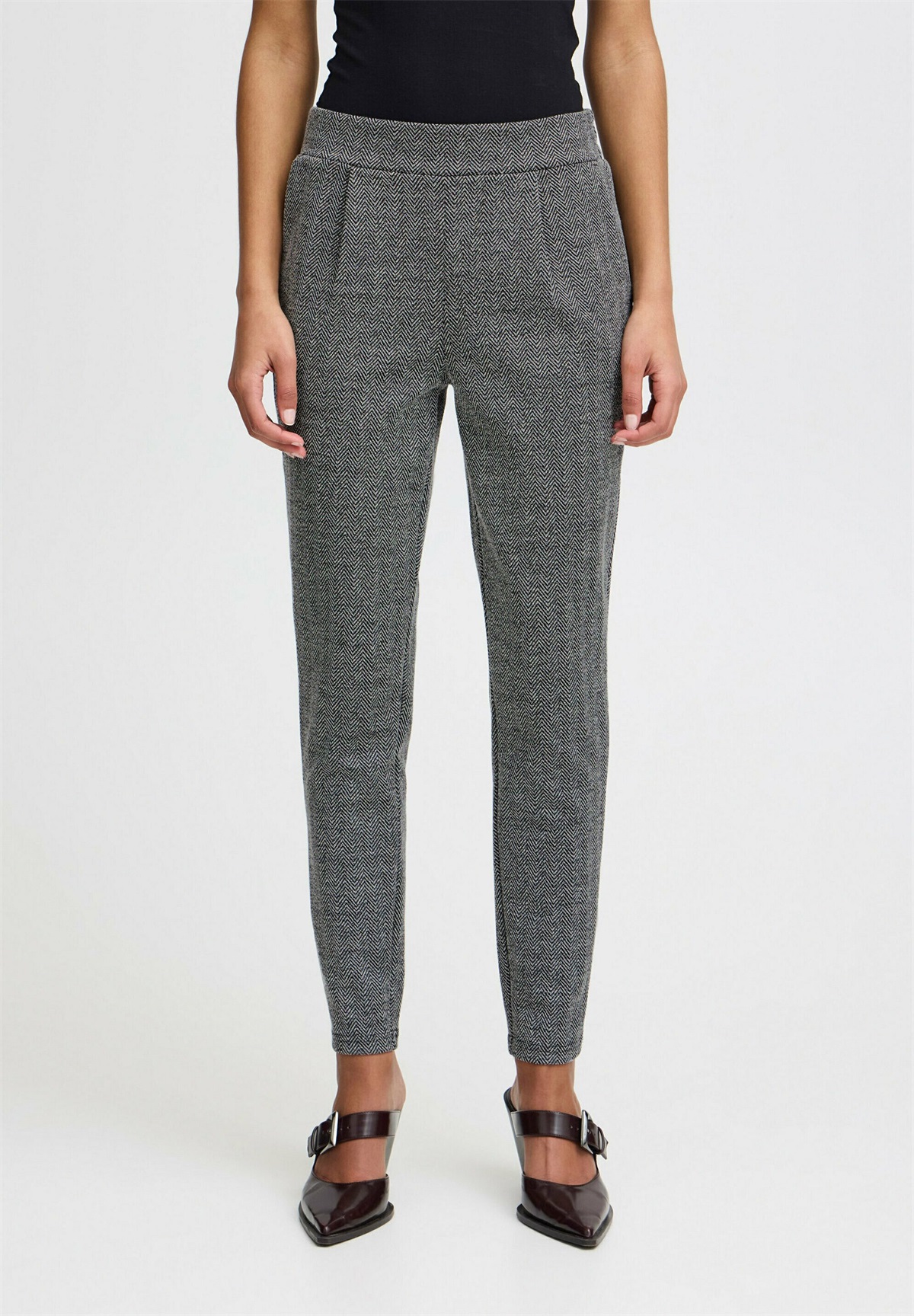 ICHI IHKATE JACQUARD PA8 - Stoffhose - black white herringbone/grau