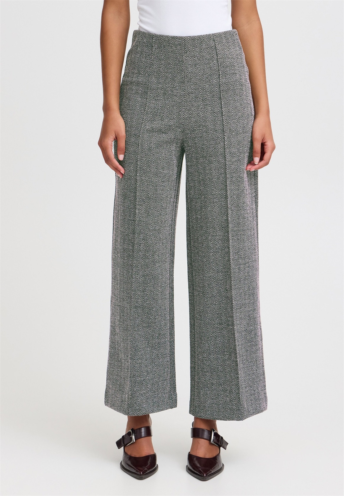 ICHI IHKATE JACQUARD - Stoffhose - black white herringbone/grau