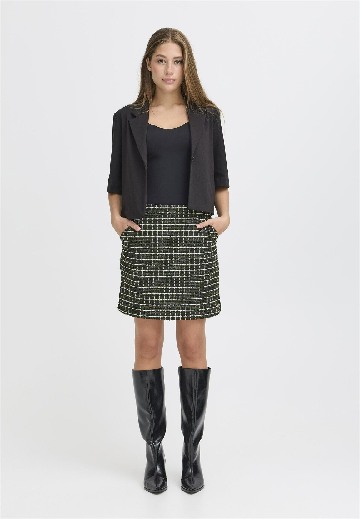 ICHI KATE CLOULE - Minirock - rifle green check/dunkelgrün