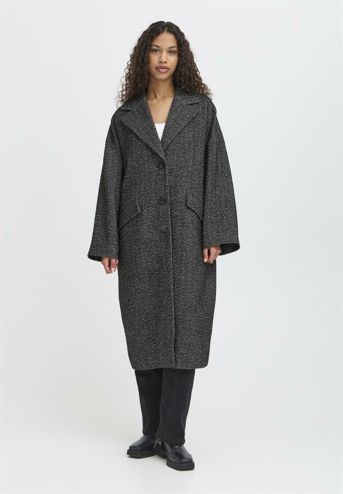 ICHI IHEMMALU - Klassischer Mantel - black herringbone structure/schwarz