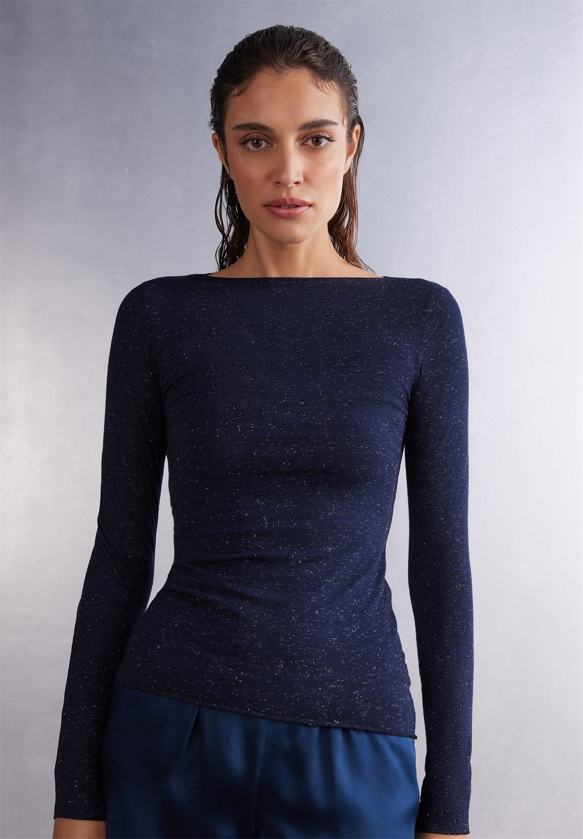 Intimissimi MIT U-BOOT-AUSSCHNITT AUS ULTRALIGHT - Langarmshirt - blau intense blue lamé/dark-blue denim