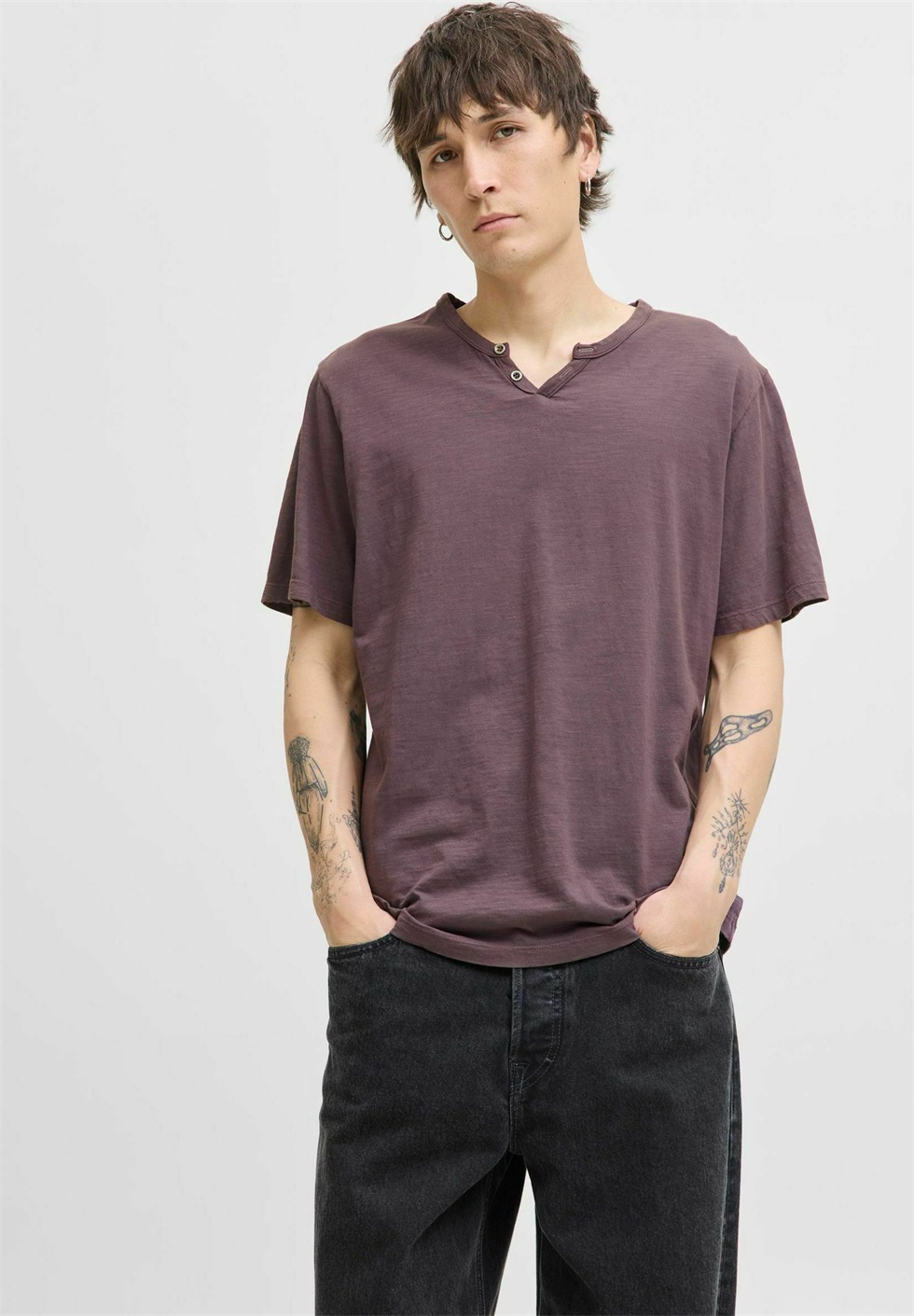 Jack & Jones ESPLIT NECK NOOS - T-Shirt basic - plum perfect/lila