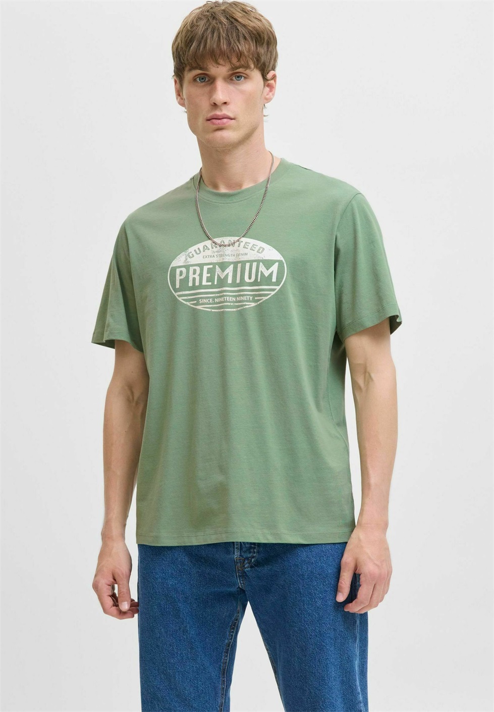 Jack & Jones PREMIUM RUNDHALSAUSSCHNITT - T-Shirt print - hedge green/grün
