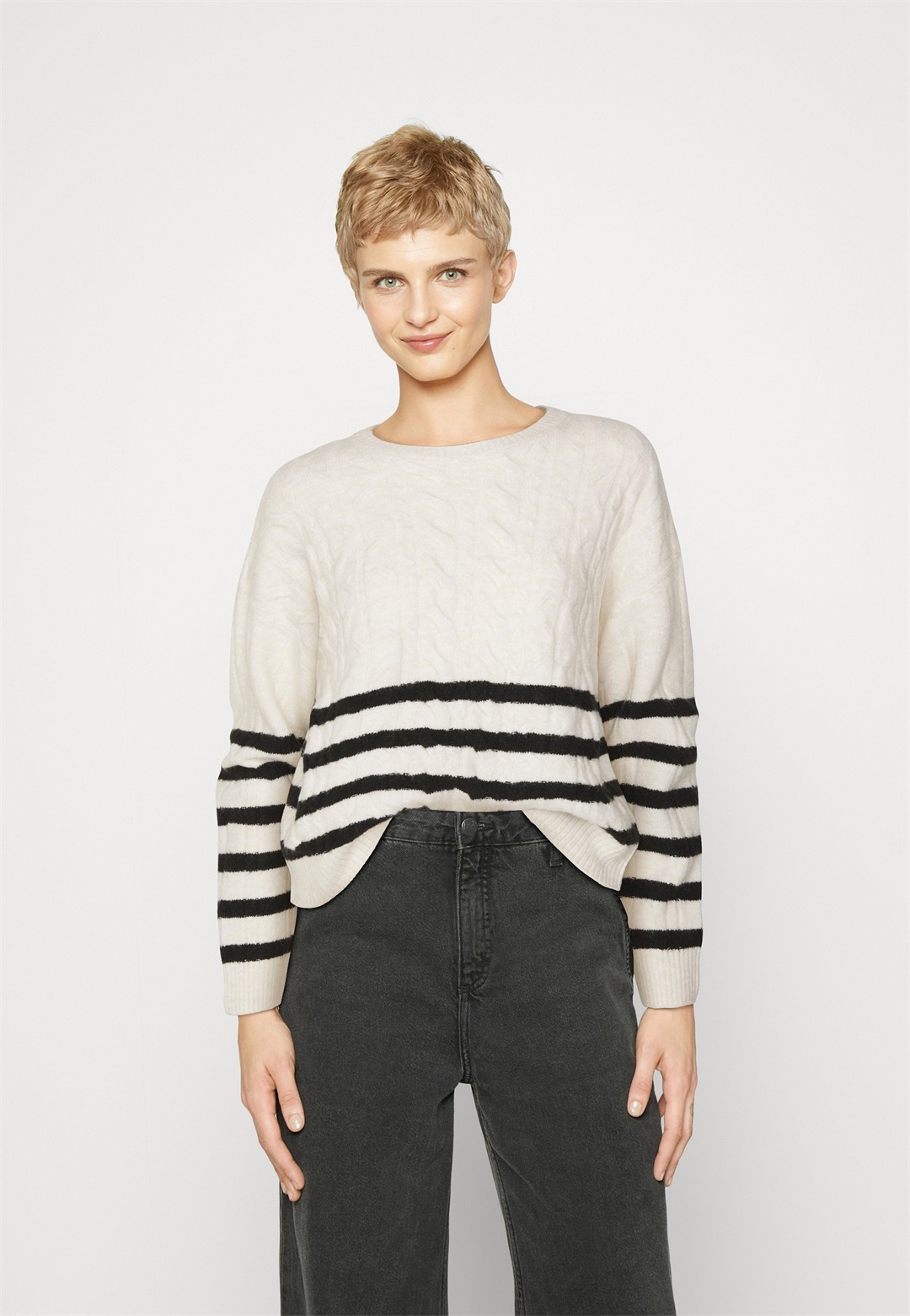 JDY JDYZARI O NECK CABLE STRIPE - Strickpullover - sandshell/black/beige