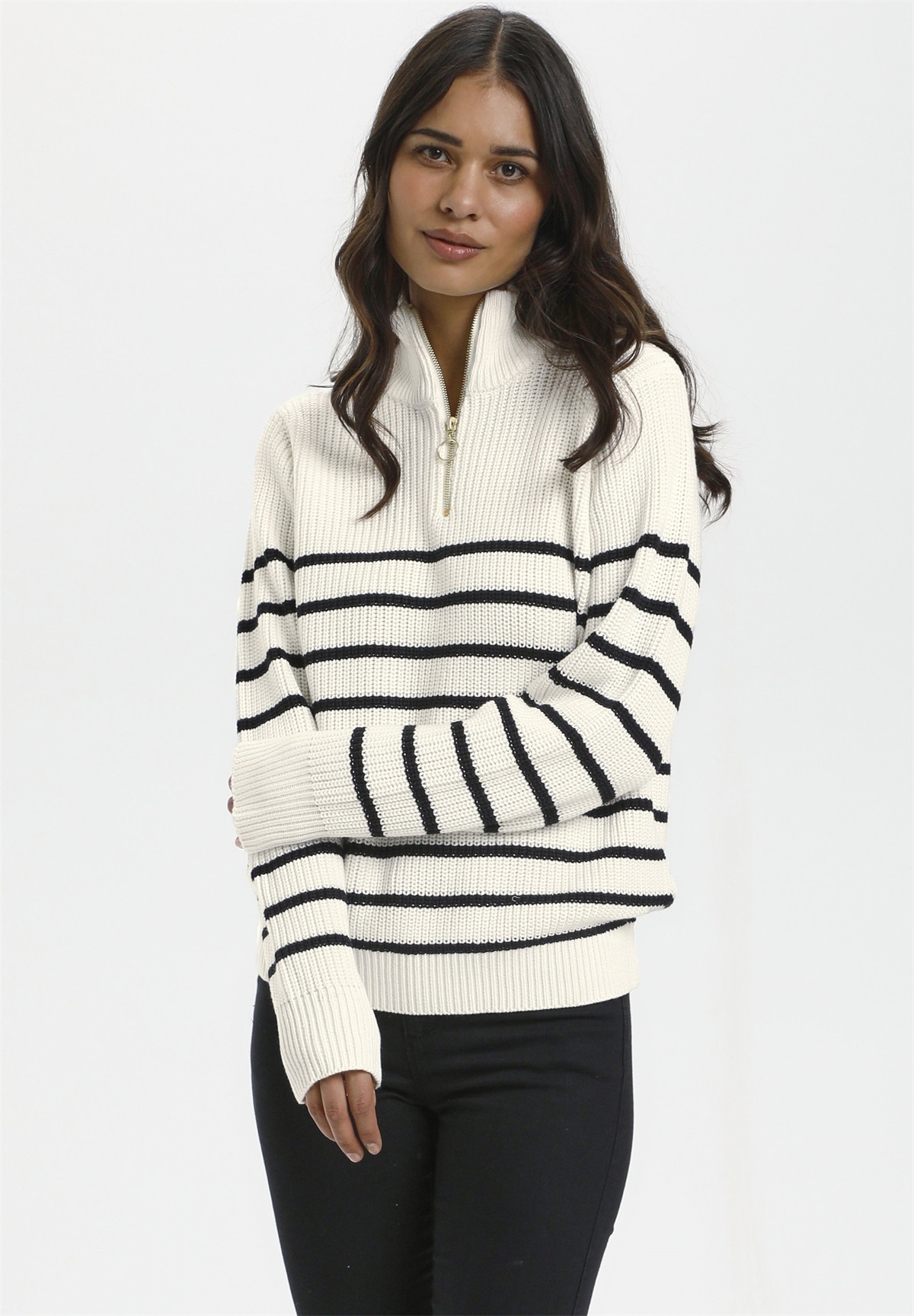 Kaffe LIOA ZIPPER - Strickpullover - chalk/black/weiß
