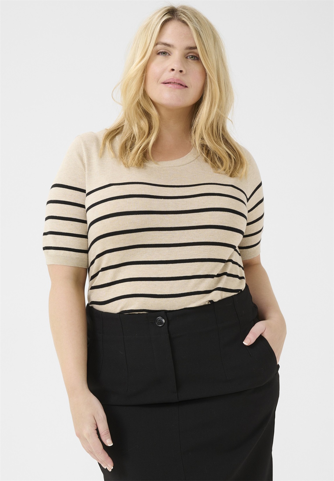 Kaffe Curve LIZZY STRIPED - T-Shirt print - feather gray mel black/braun