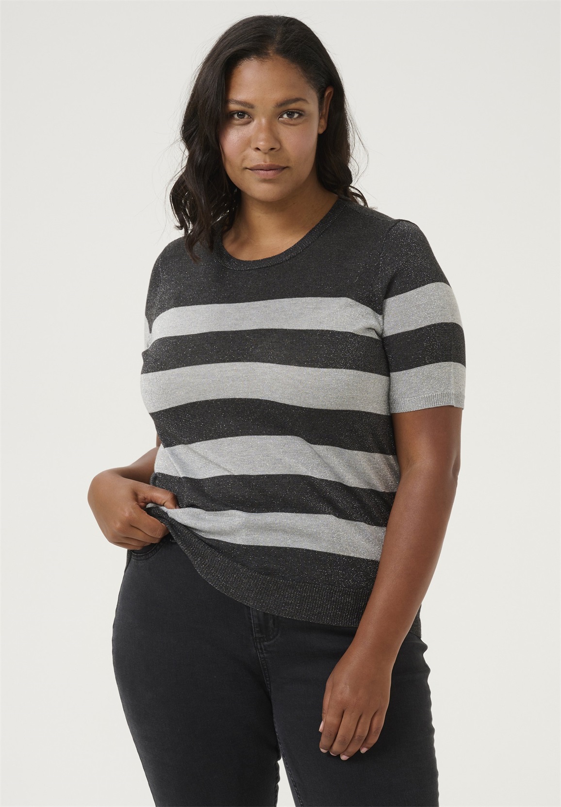 Kaffe Curve KCANKIA - T-Shirt print - grey m dark g m bold stripe/grau-meliert