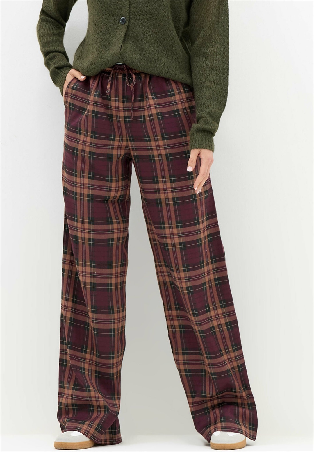 Long Tall Sally CHECKED WIDE - Stoffhose - burgundy/bordeaux
