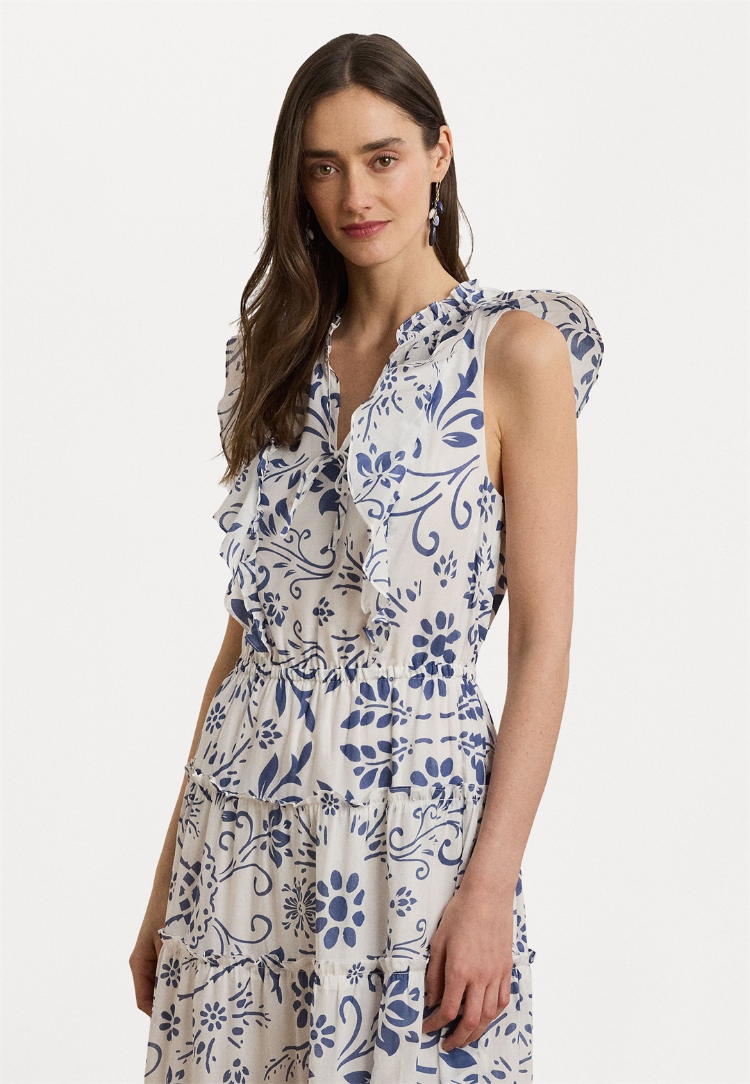 Lauren Ralph Lauren Floral Cotton Voile Tiered Maxidress - Maxikleid - white/blue/dunkelblau