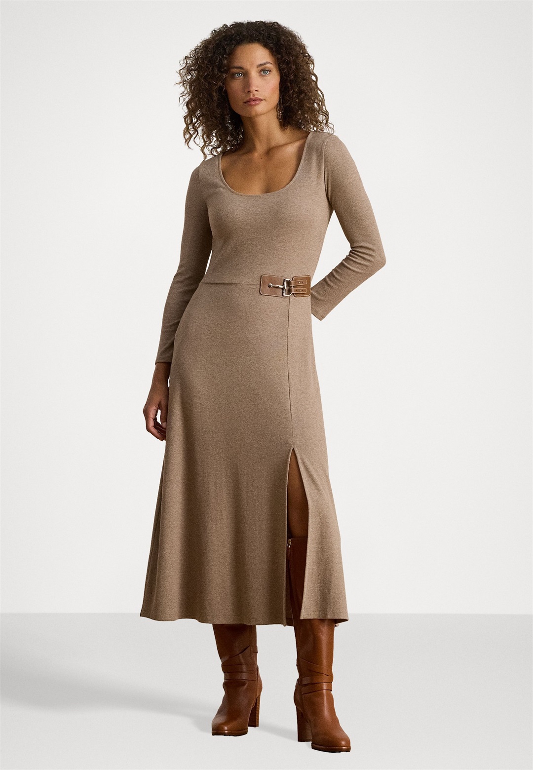 Lauren Ralph Lauren BUCKLE TRIM RIB MIDI DRESS - Jerseykleid - adirondack heather/hellbraun