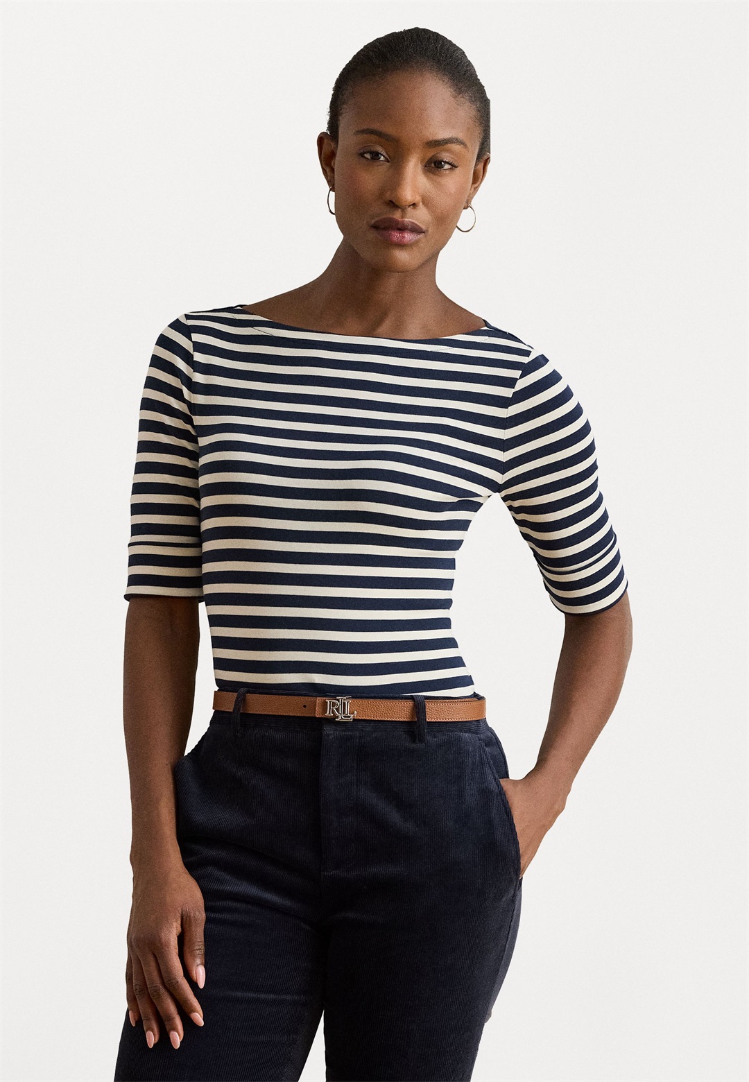 Lauren Ralph Lauren STRIPED STRETCH COTTON BOATNECK TEE - Langarmshirt - navy/cream/dunkelblau