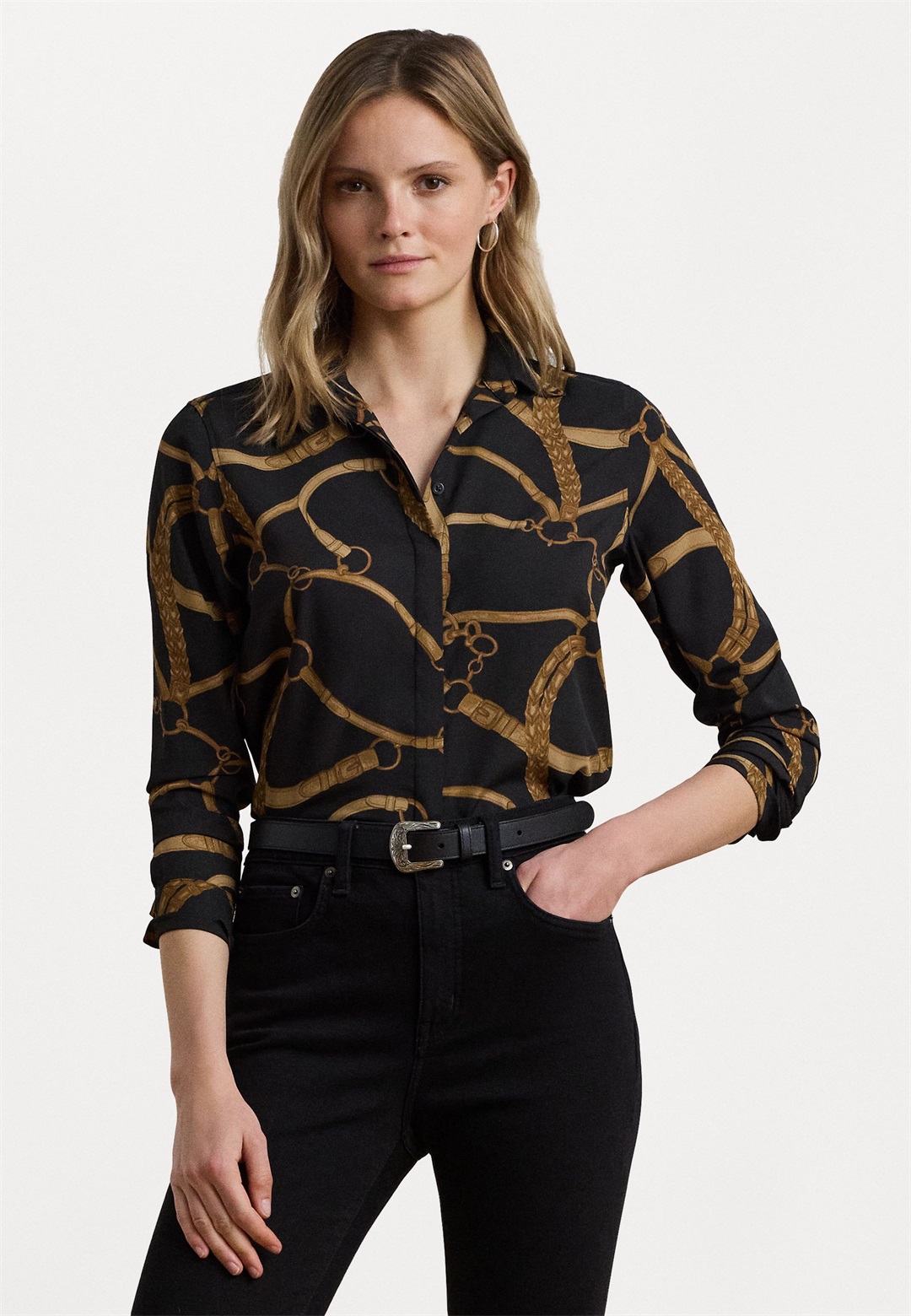 Lauren Ralph Lauren CLASSIC FIT BELTING PRINT CREPE SHIRT - Hemdbluse - black/brown/schwarz