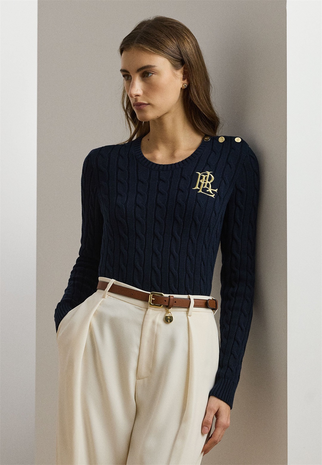 Lauren Ralph Lauren BUTTON TRIM CABLE KNIT - Strickpullover - navy/dunkelblau