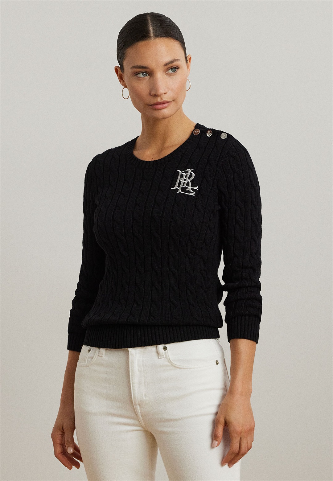 Lauren Ralph Lauren BUTTON TRIM CABLE KNIT - Strickpullover - black/schwarz