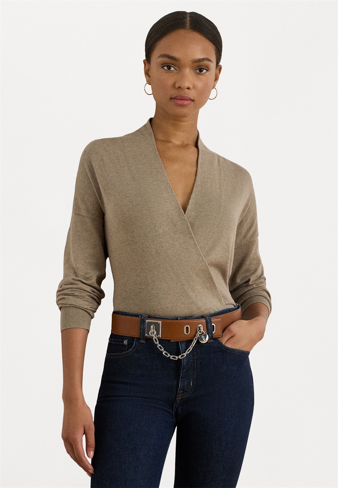 Lauren Ralph Lauren COTTON-MODAL SURPLICE SWEATER - Strickpullover - adirondack heather/hellbraun
