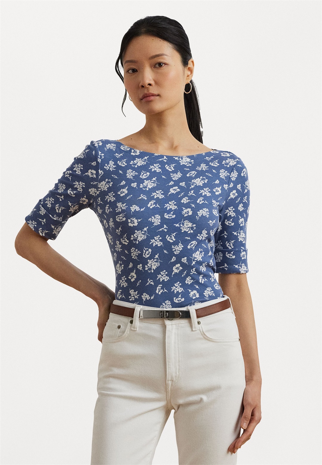 Lauren Ralph Lauren Petite Floral Stretch Cotton Boatneck Tee - T-Shirt print - blue/blau