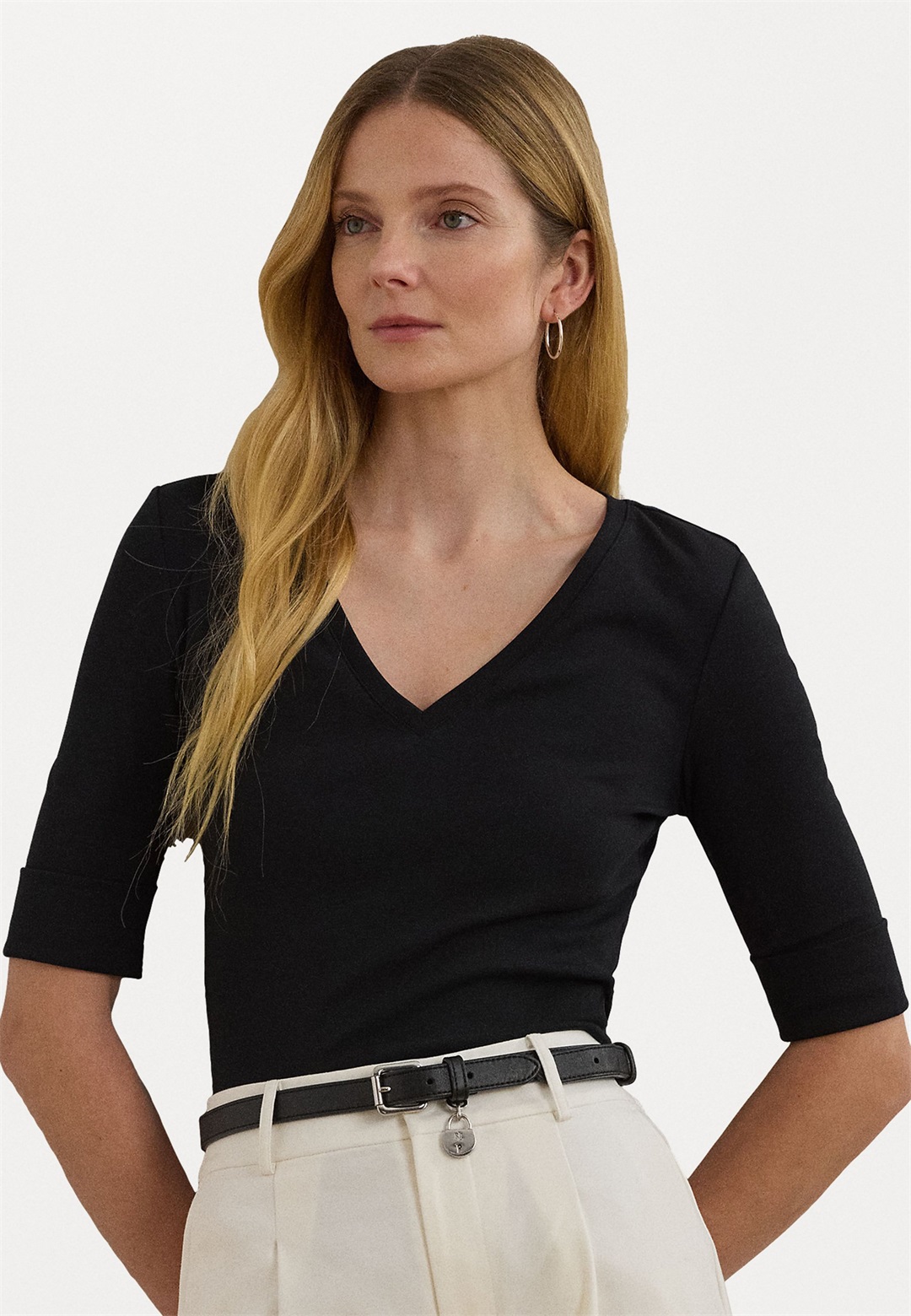 Lauren Ralph Lauren Petite Stretch Cotton Elbow Sleeve V Neck Tee - T-Shirt basic - black/schwarz