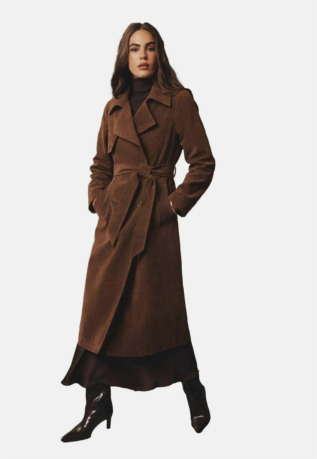 Lipsy REGULAR FIT - LONGLINE - Trenchcoat - chocolate brown faux suede/braun