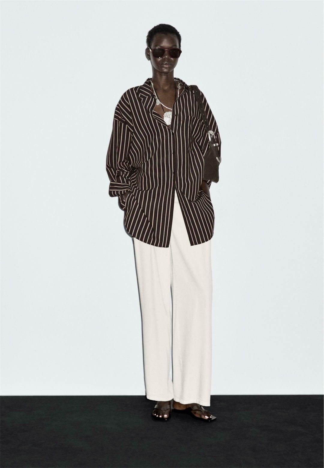 Massimo Dutti LOOSE FIT STRIPED - Hemdbluse - dark brown/dunkelbraun