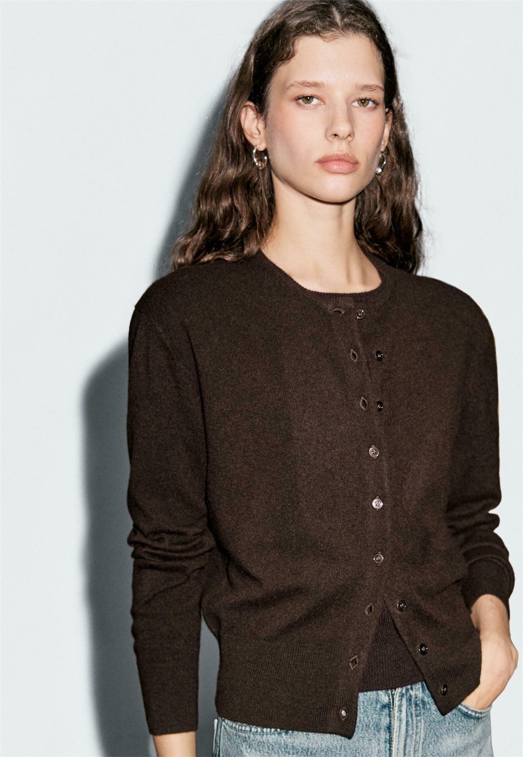 Massimo Dutti BUTTONED WITH CREW NECK - Strickjacke - dark brown/dunkelbraun