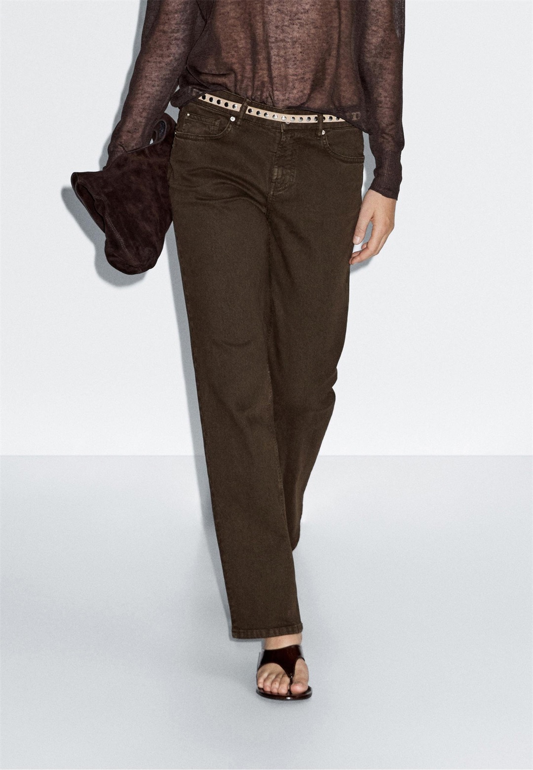 Massimo Dutti MID-WAIST TAPERED FIT - Jeans Straight Leg - mottled dark brown/dunkelbraun-meliert