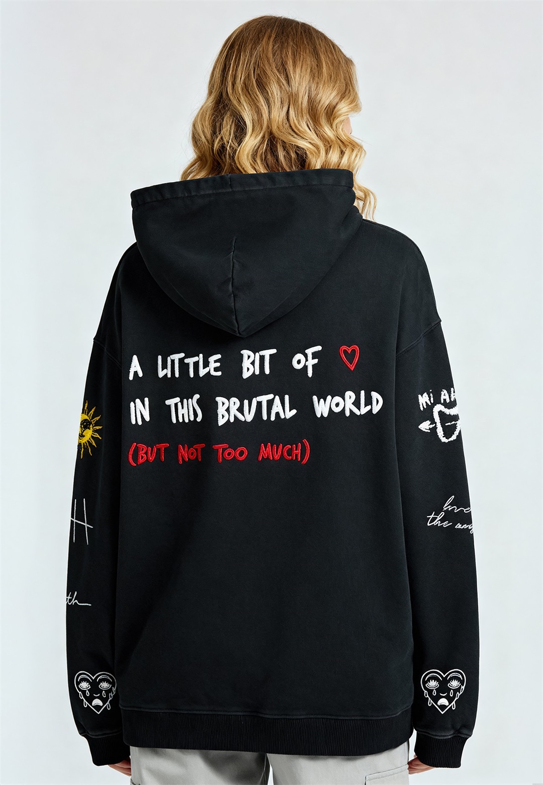 Mira Paris BRUTAL TATTOO EMBROIDERY UNISEX VINTAGE - Kapuzenpullover - black denim/blue-black denim