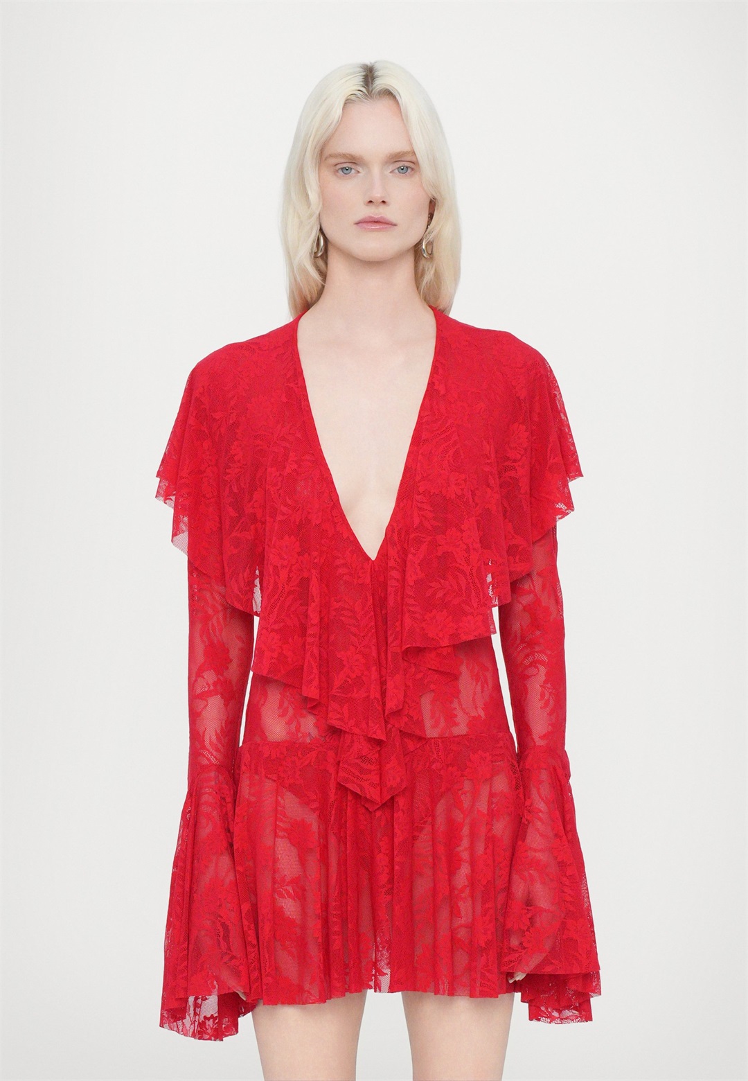 Norma Kamali LONG SLEEVE DEEP RUFFLE MINI DRESS - Cocktailkleid/festliches Kleid - tiger red/rot