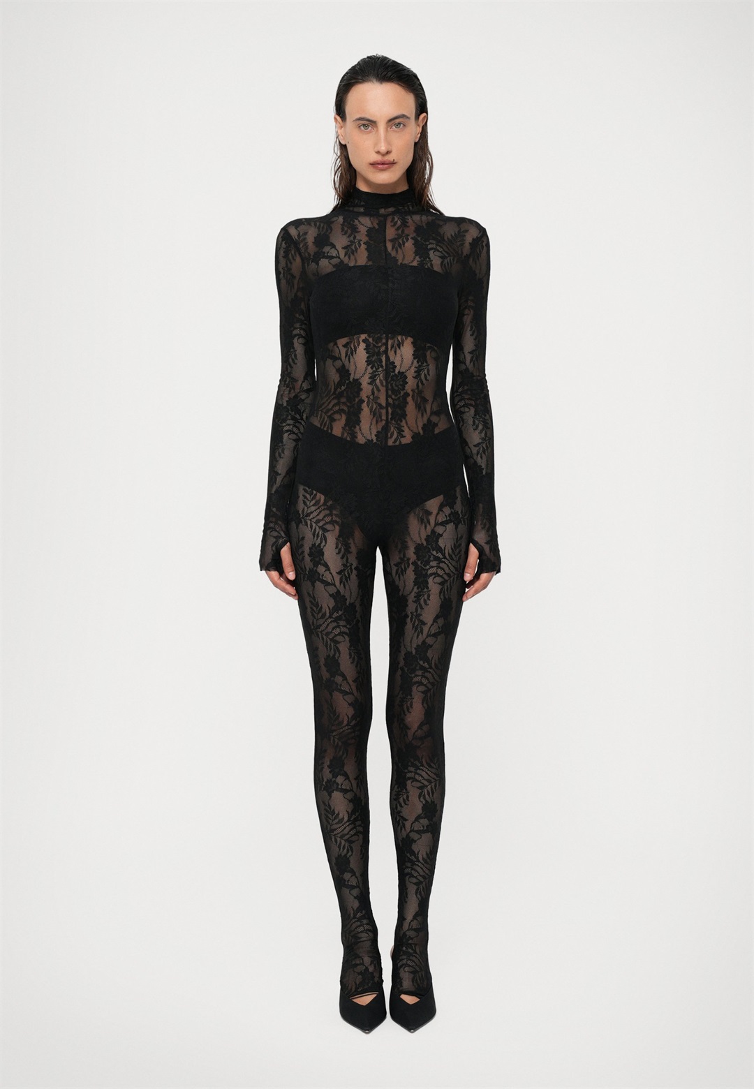 Norma Kamali LONG SLEEVE SLIM FIT TURTLE CATSUIT FOOTIE - Jumpsuit - black/schwarz