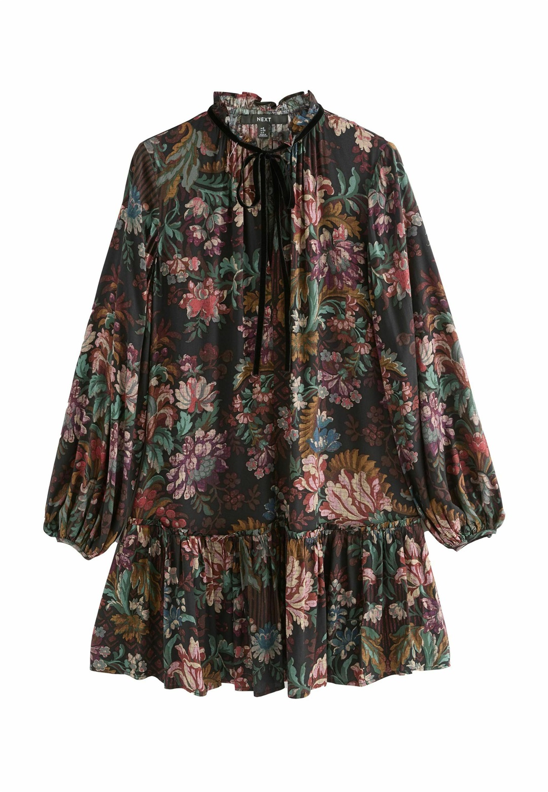 Next REGULAR FIT - TIE FRONT TIERED LONG SLEEVE - Freizeitkleid - black red floral print/schwarz