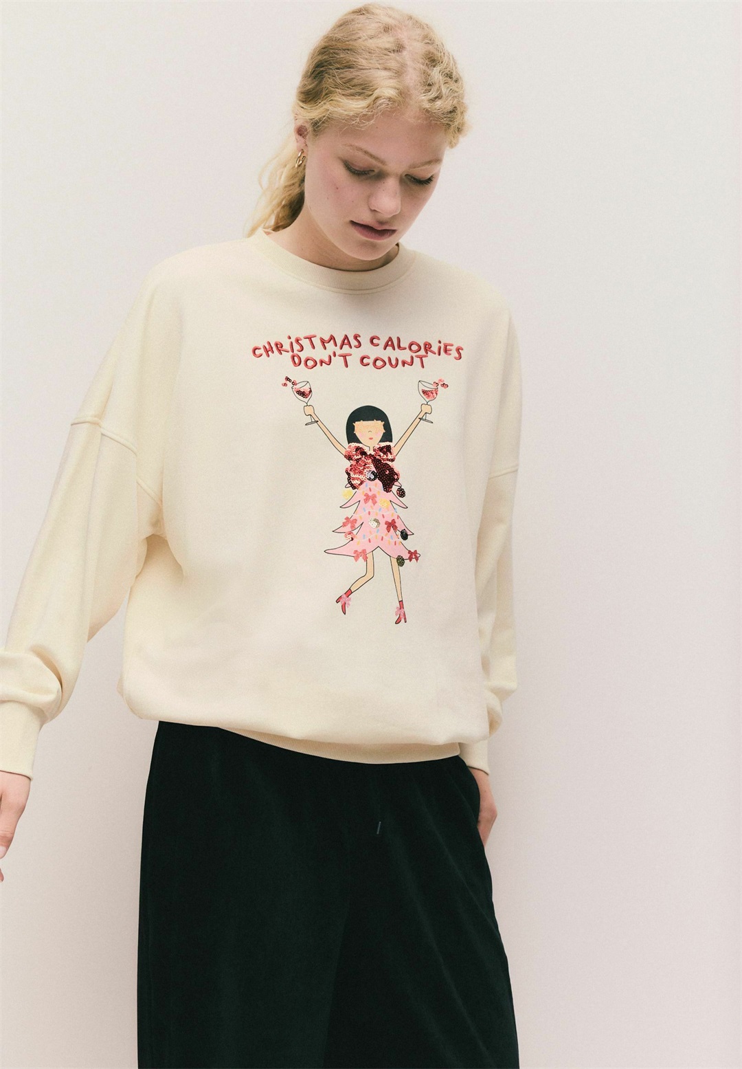 Next SEASONAL CHRISTMAS GRAPHIC CALORIES DONT COUNT LONGSLEEVE WITH SPARKLE EMBROIDERY - Sweatshirt - ecru/beige