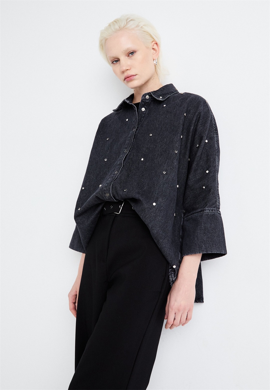 ONLY ONLGRACE 3/4 RHINESTONE - Hemdbluse - washed black/black denim