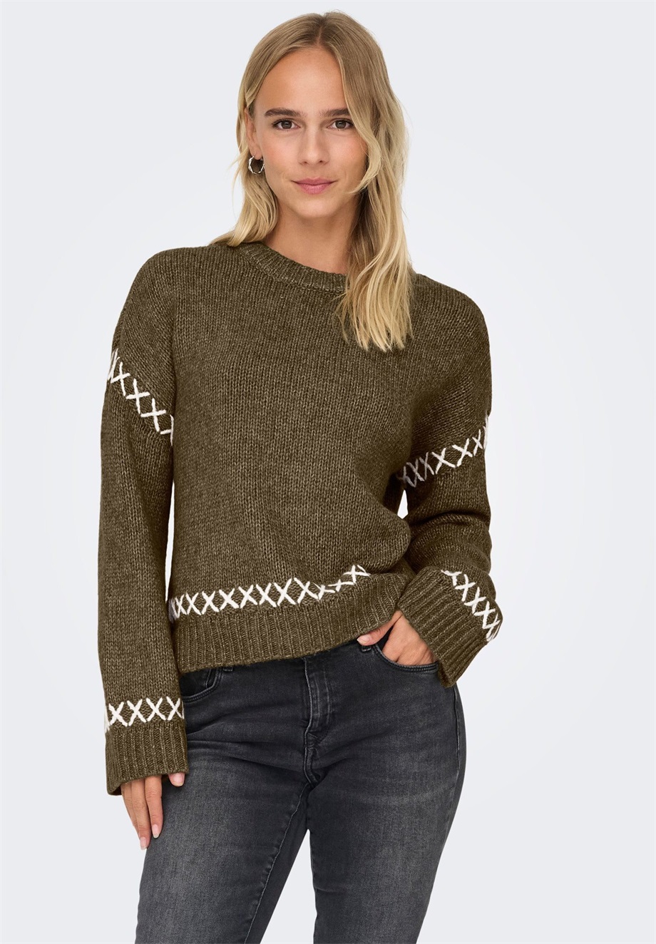 ONLY ONLAMANDA LIFE O-NECK DETAIL - Strickpullover - cub detail/cloud dancer/braun