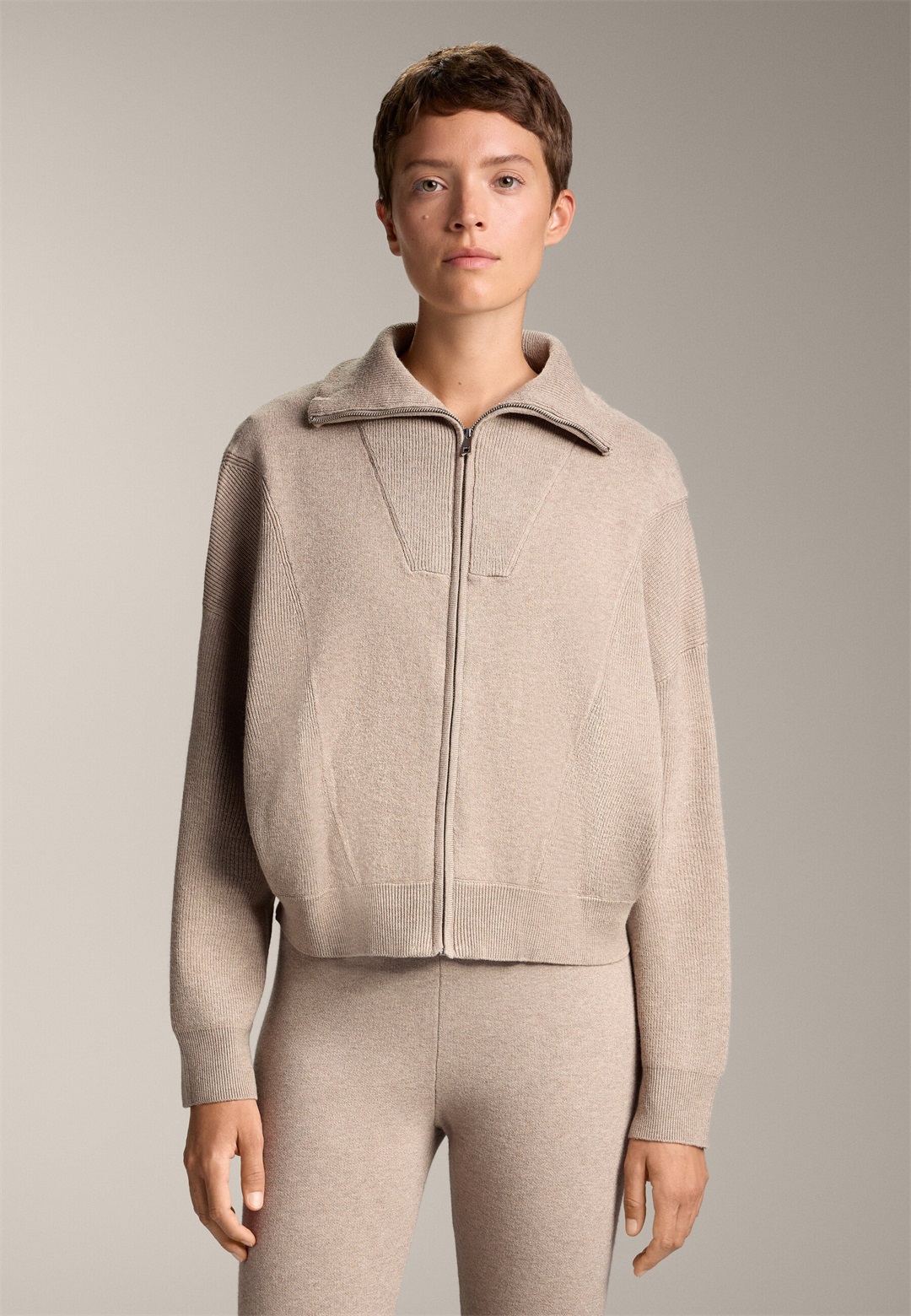 OYSHO RIB COLLAR - Strickjacke - beige