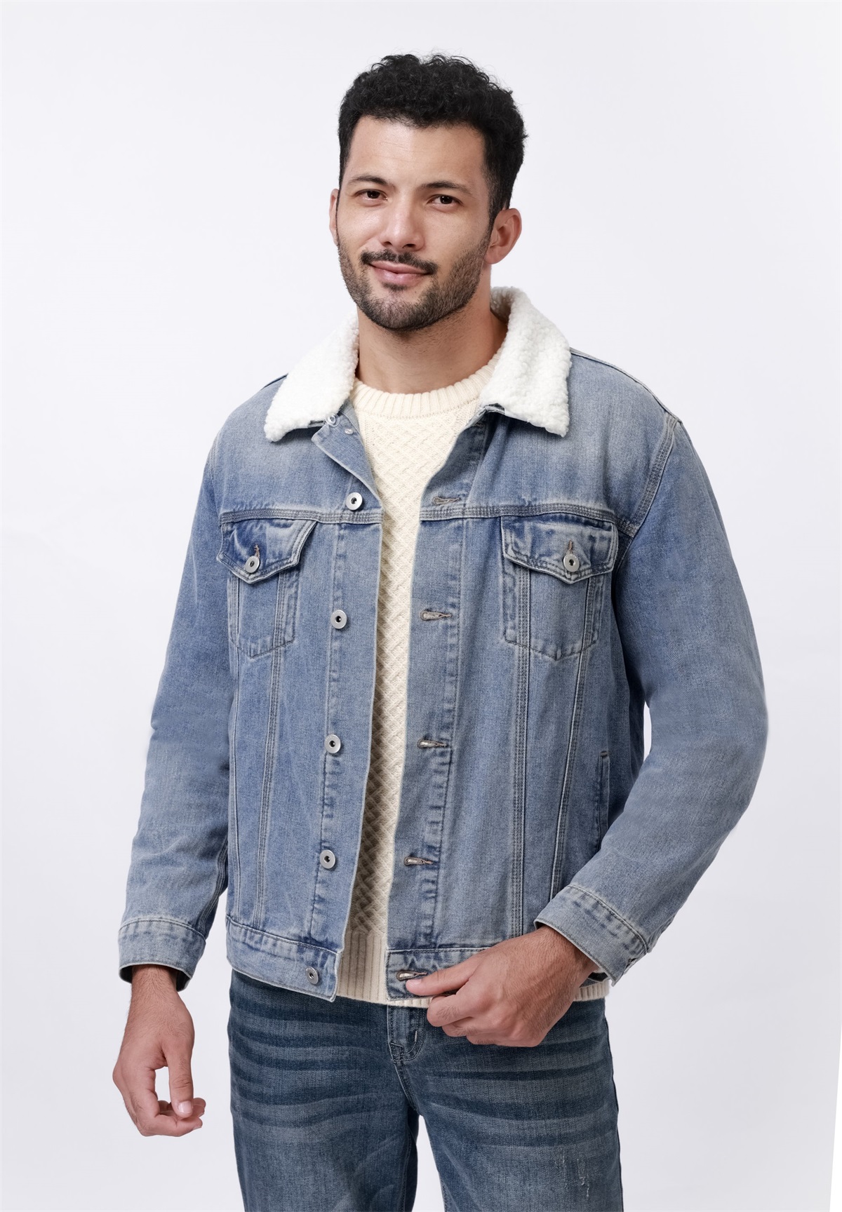 Pier One BORG COLLAR - Jeansjacke - light blue/light-blue denim