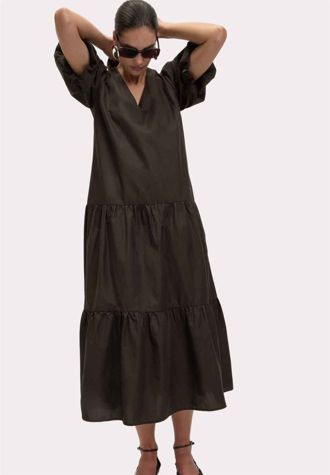 Marks & Spencer PUFF SLEEVE MIDI - Freizeitkleid - brown/braun