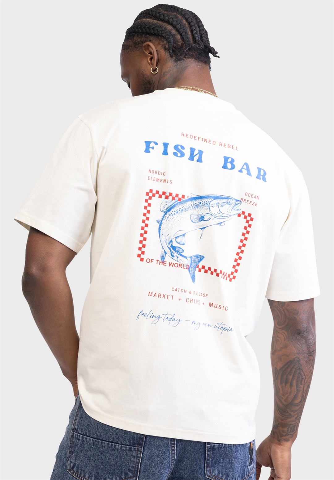 Redefined Rebel ABRAHAM BOXY FIT - T-Shirt print - snow white fish/weiß