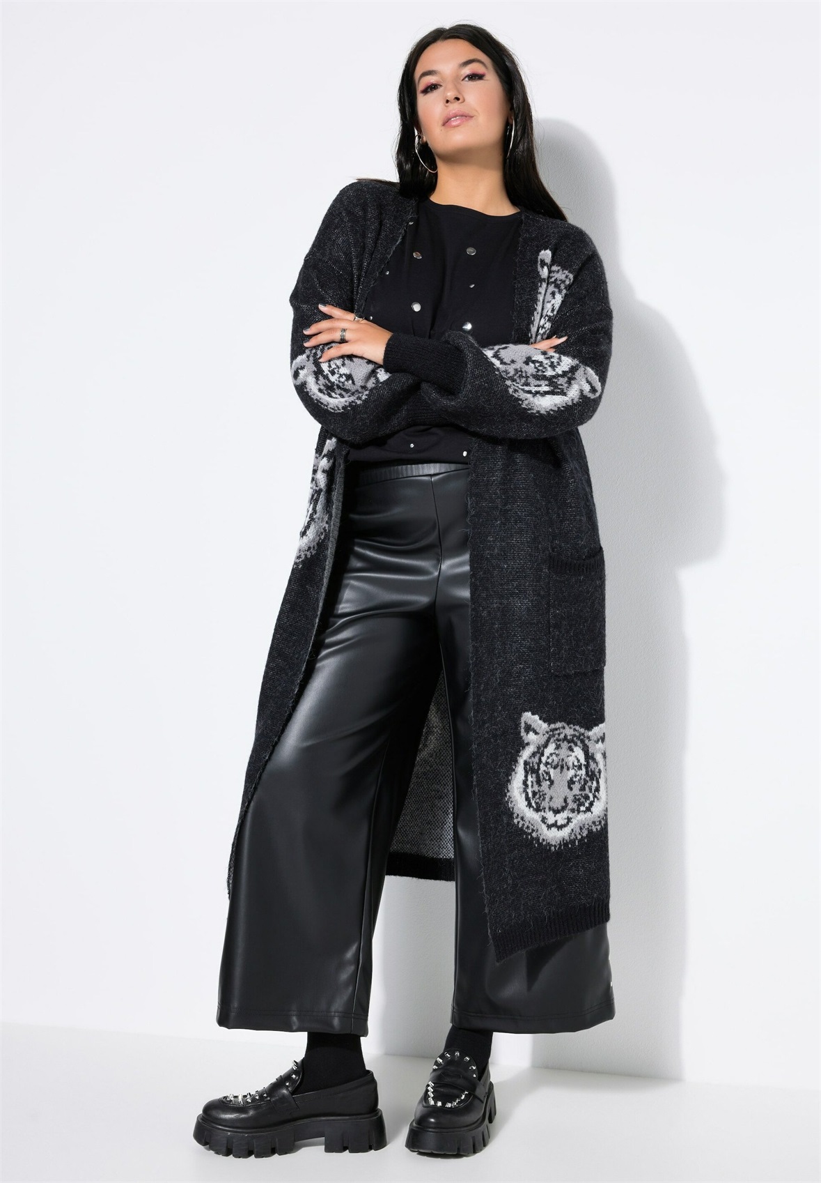 Studio Untold LANG UND OFFEN TIGERKOPF - Strickjacke - black/schwarz