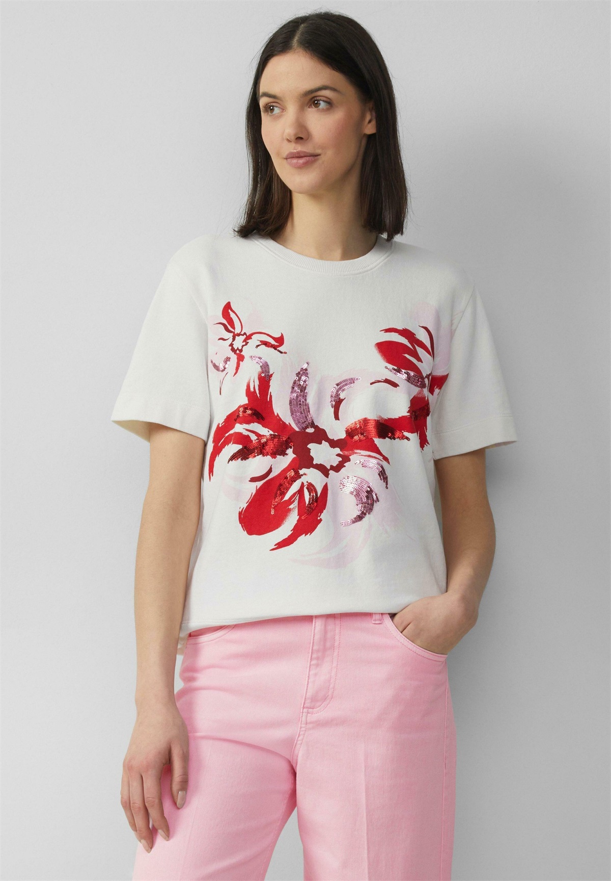 s.Oliver LEICHTES KURZARM-UND PAILLETTEN - T-Shirt print - ecru/offwhite