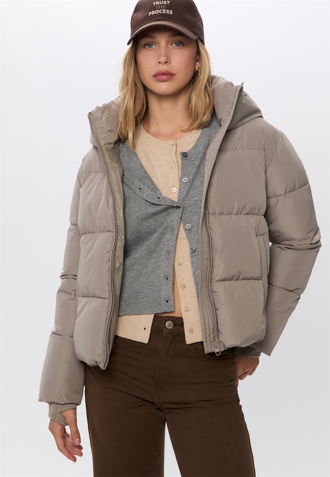Stradivarius HOODED PUFFER - Winterjacke - mottled light brown/hellbraun-meliert